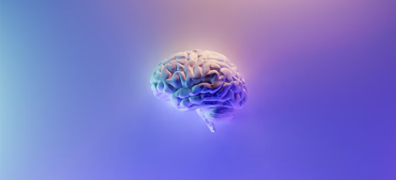 An illustration of a human brain over a background of blue hues.