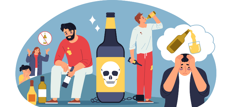 Illustration showcasing various stages of alcohol abuse progression.