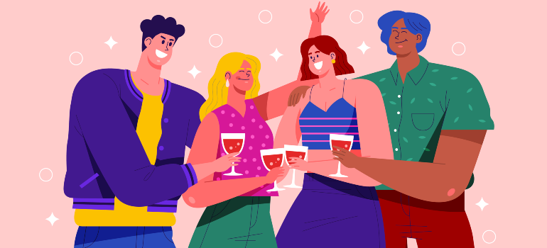Joyful gathering of individuals toasting with wine glasses.