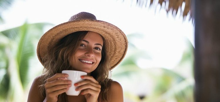 A woman drinking coffee and thinking about spiritual journey destinations to visit after Lantana detox